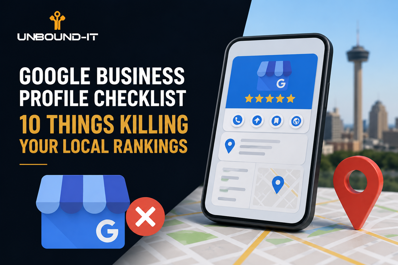 Google Business Profile checklist graphic showing a business listing, map, location pin, and local ranking warning.