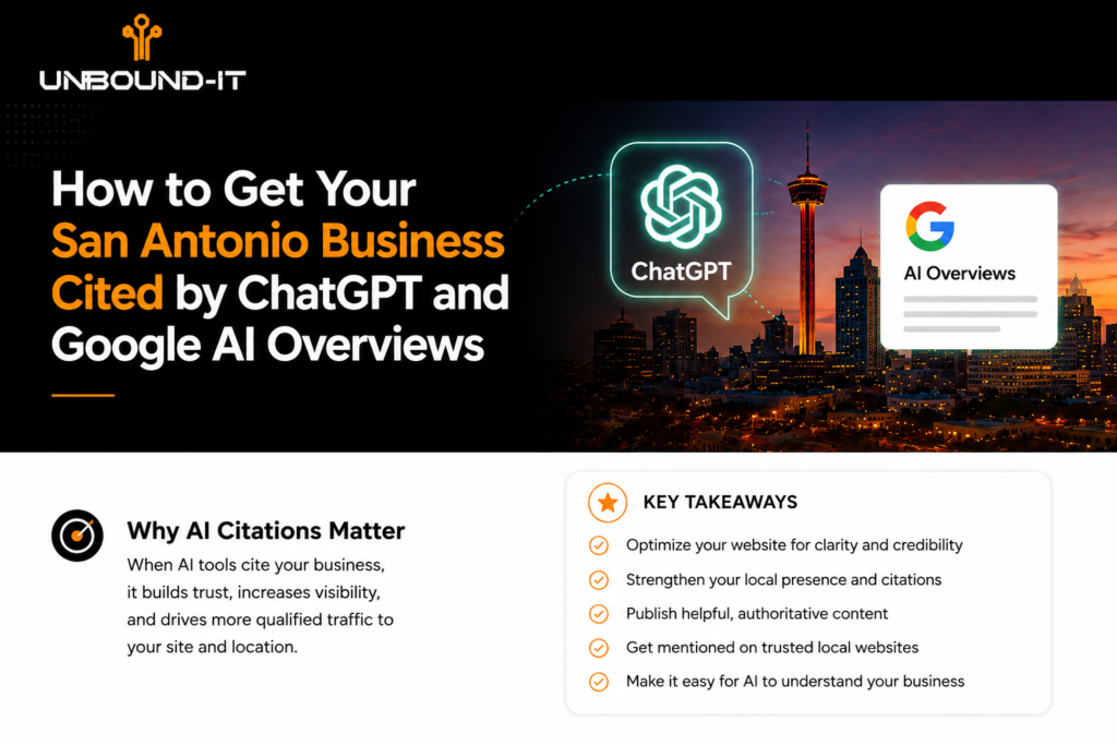 Unbound IT San Antonio AI search visibility graphic with ChatGPT and Google icons over the San