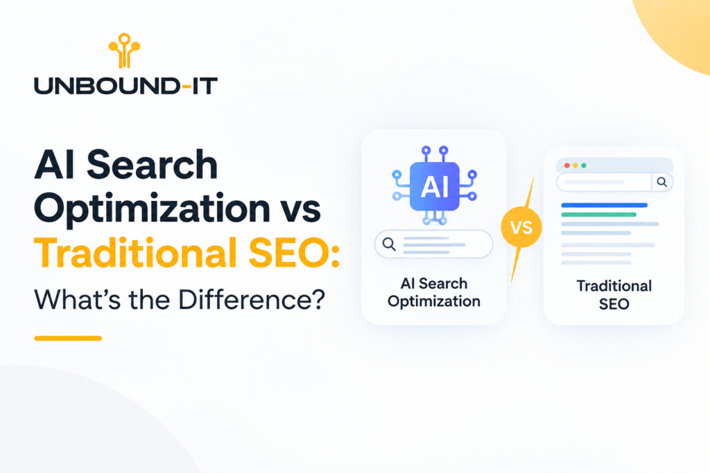 AI Search Optimization vs Traditional SEO comparison by UNBOUND-IT showing the difference between AI search and traditional SEO.