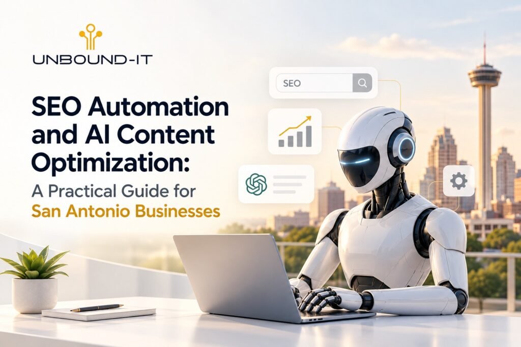 SEO automation and AI content optimization with a robot using a laptop in San Antonio